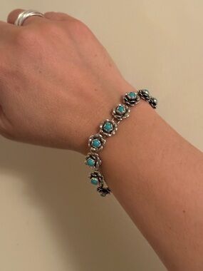 Vintage Sterling Silver Turquoise Floral Link Bracelet Southwestern Style Boho